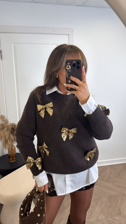 KELLIE brown soft knit jumper with gold sequin bows