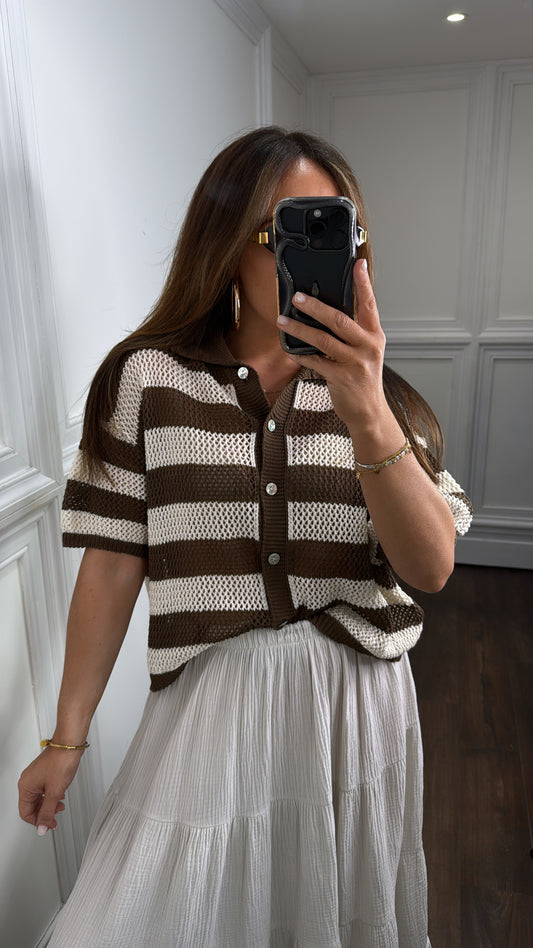 ROMI brown and cream stripe button up crochet top