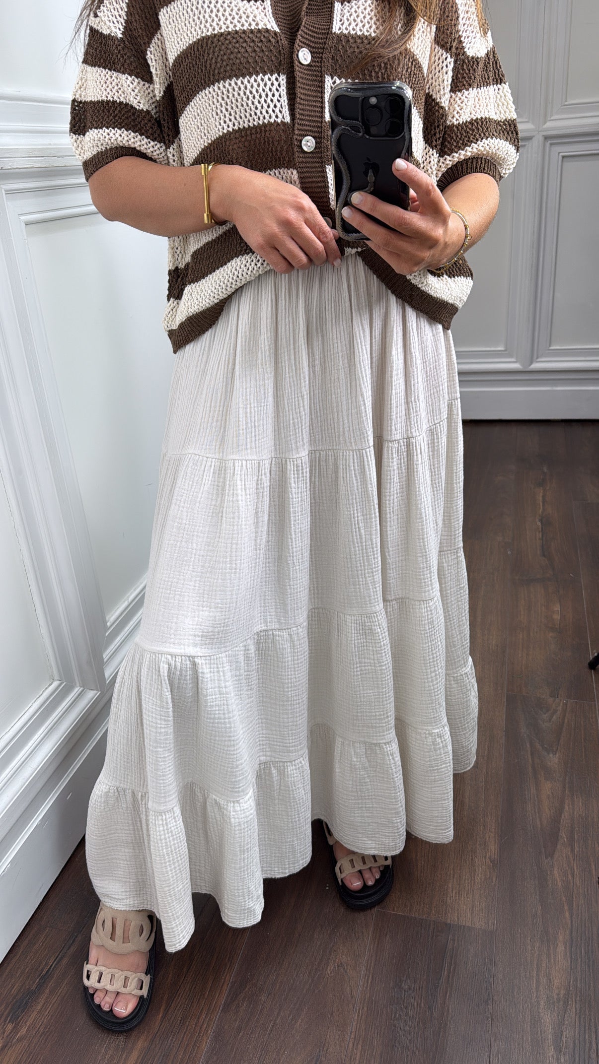 CARLI beige cheesecloth tiered maxi skirt
