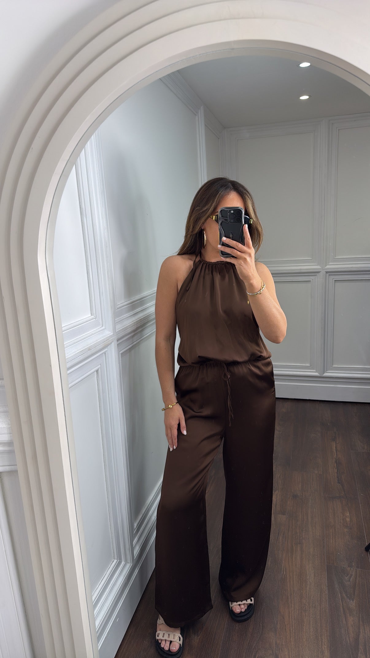 DAVIDA brown backless satin halter neck top and wide leg co-ord
