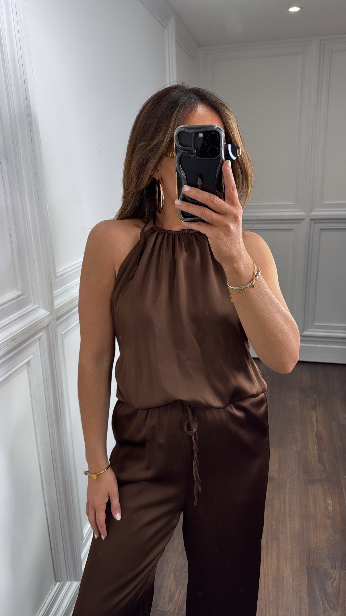 DAVIDA brown backless satin halter neck top and wide leg co-ord