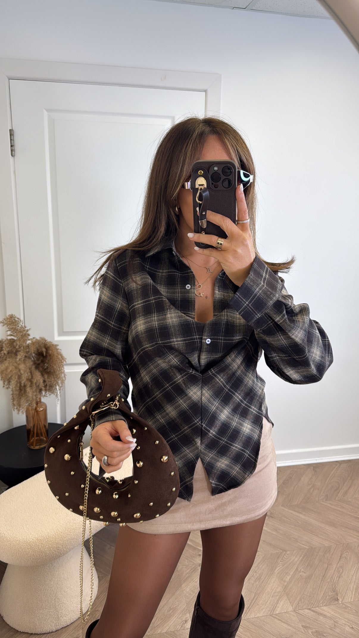 SELINA brown and beige check top