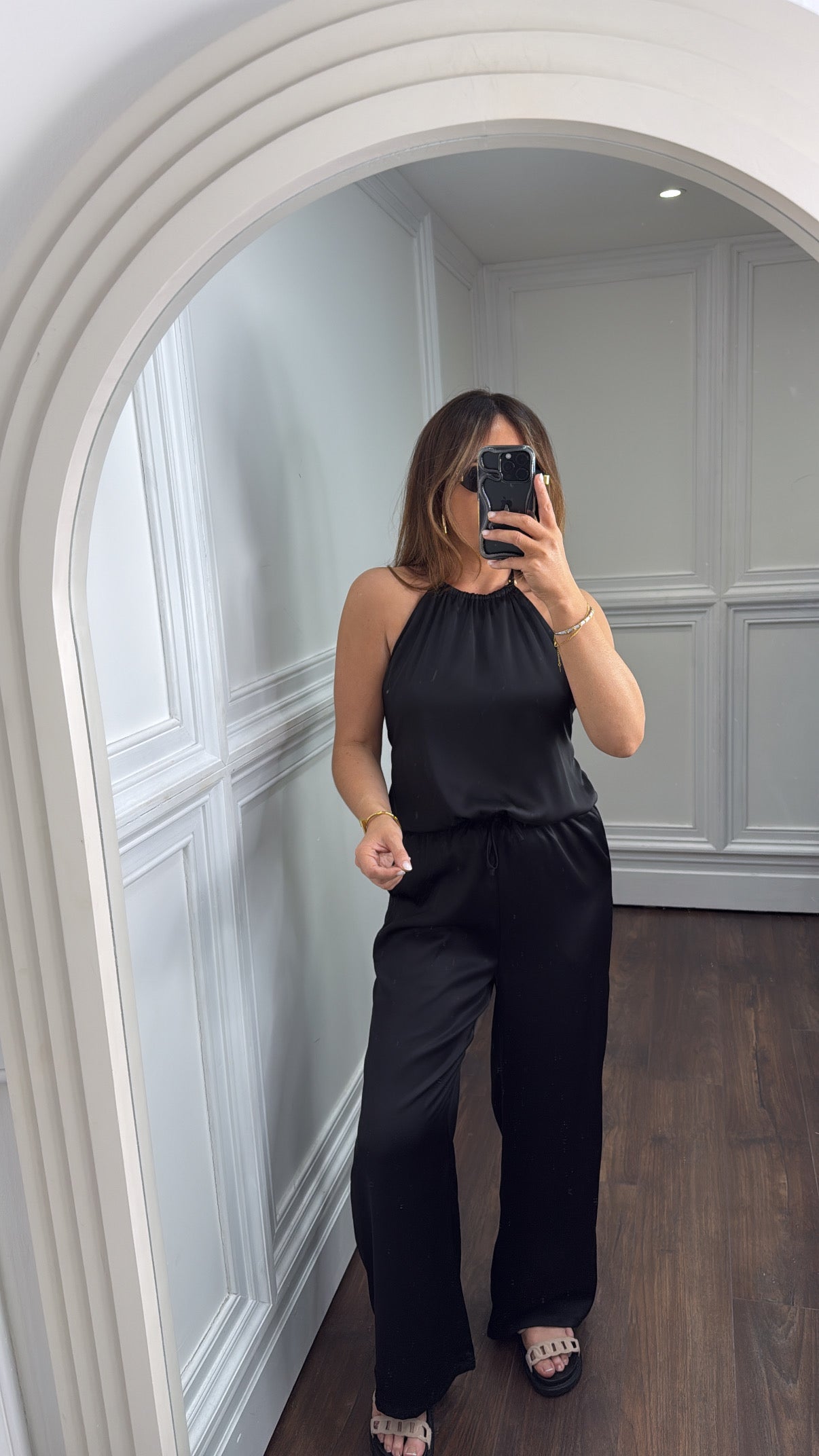 DAVIDA black backless satin halter neck top and wide leg co-ord