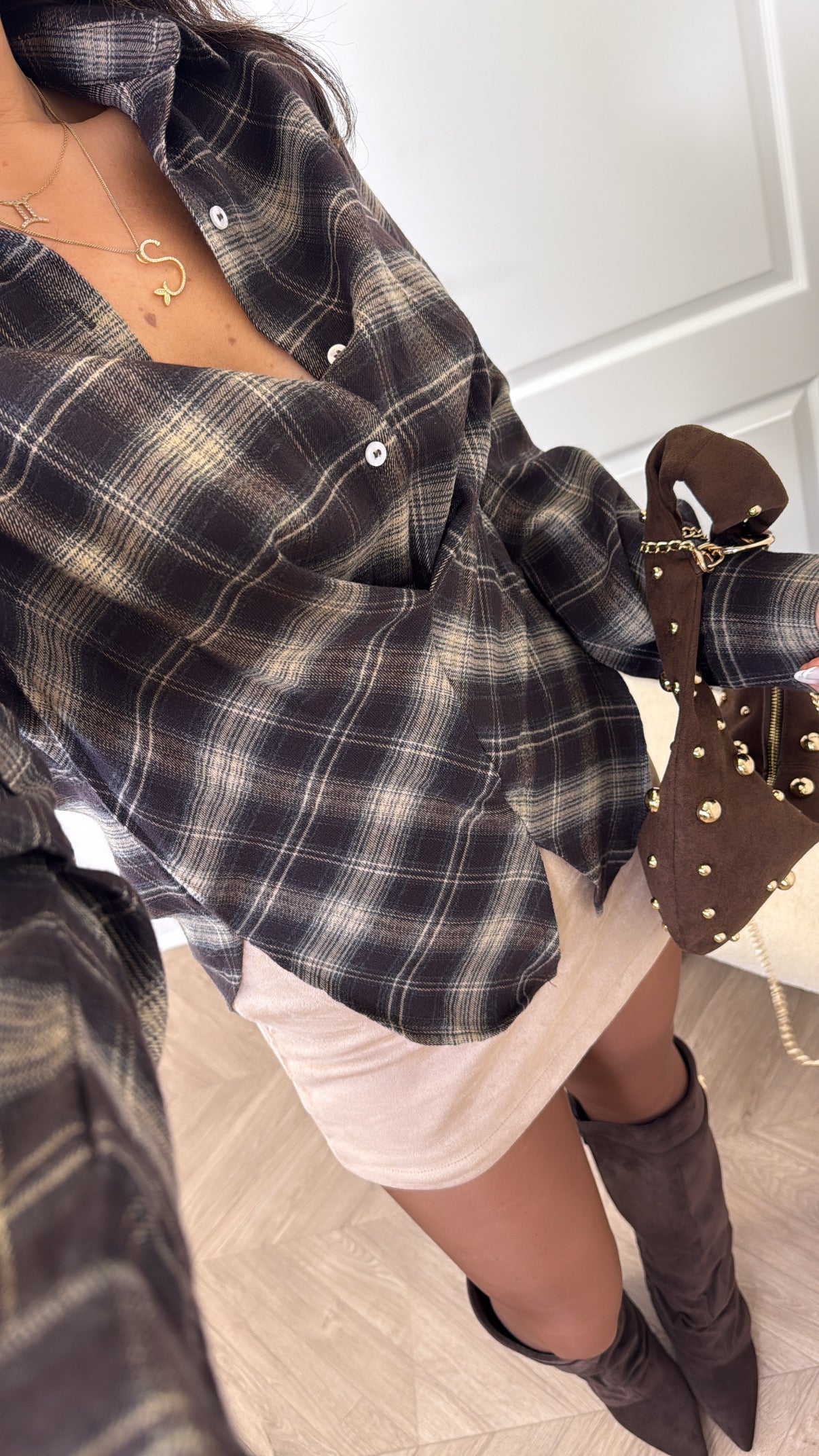 SELINA brown and beige check top