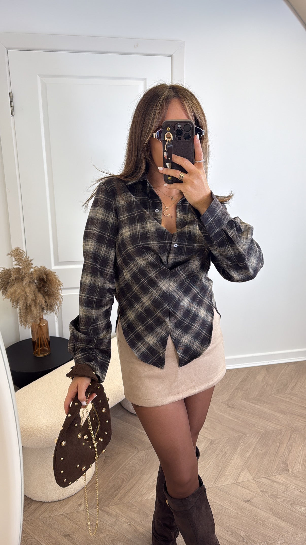SELINA brown and beige check top