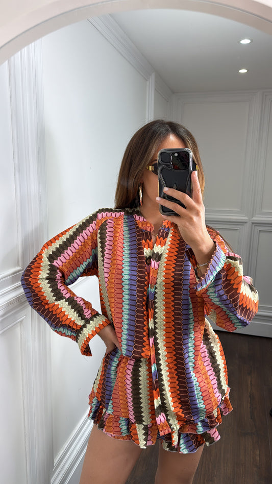 ELLIE orange multi print shirt and skort co-ord set