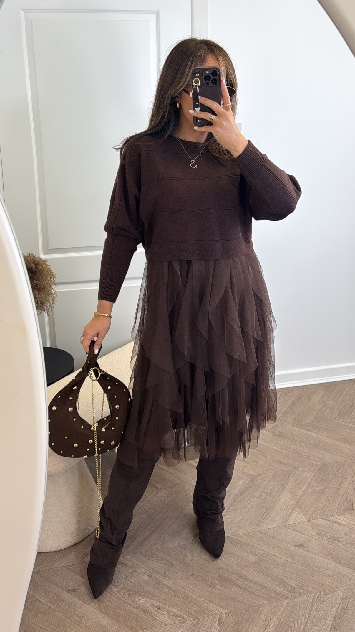 HARPER brown jumper dress with tulle underlay
