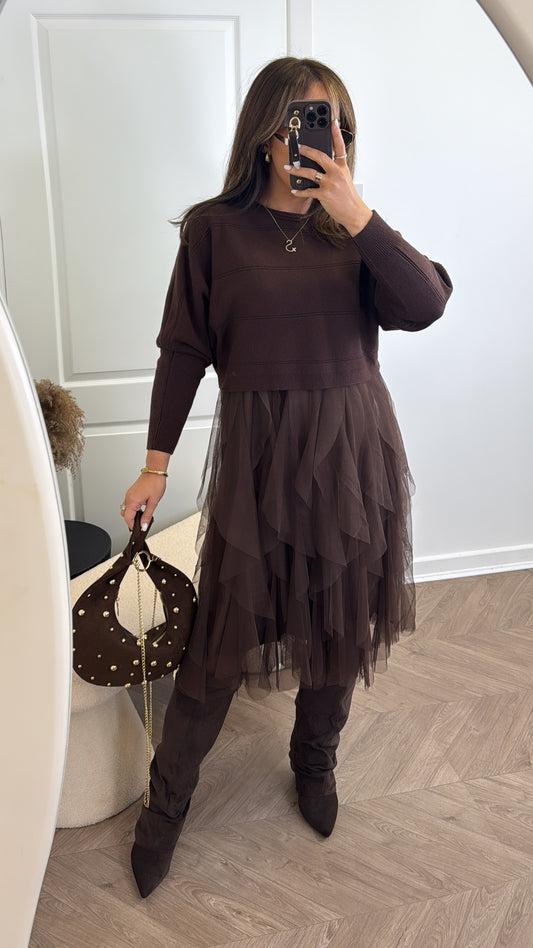 HARPER brown jumper dress with tulle underlay