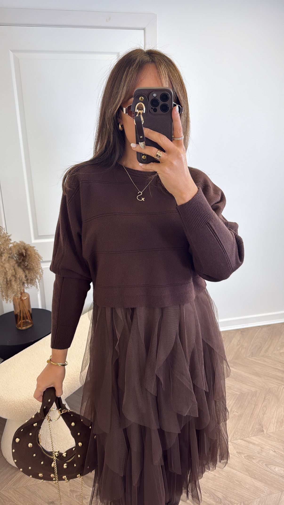 HARPER brown jumper dress with tulle underlay