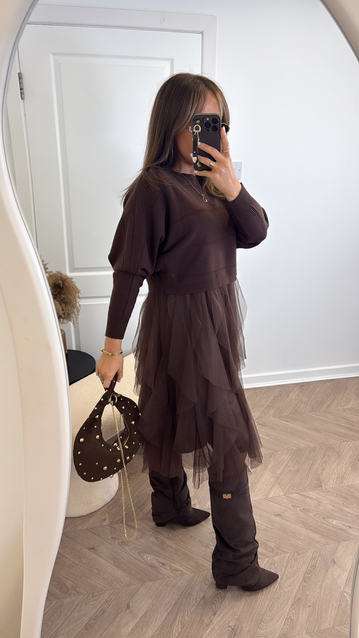 HARPER brown jumper dress with tulle underlay