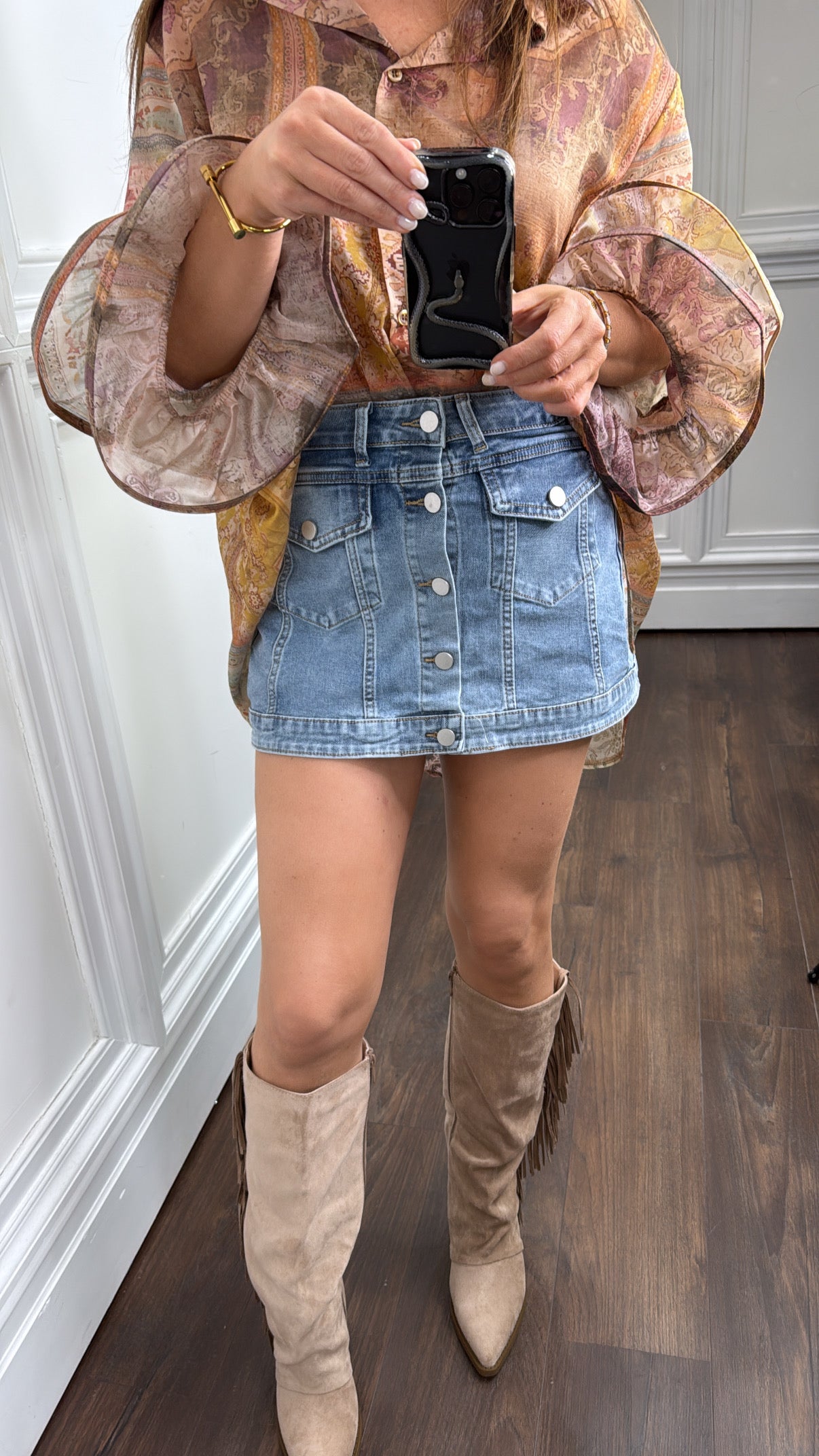 SHELBY blue denim button detail skort