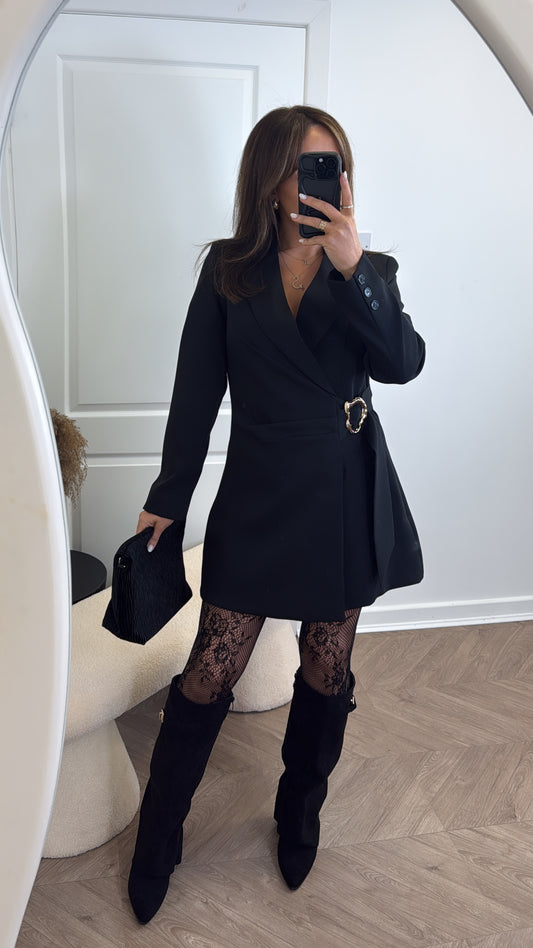 TAMARA black wrap blazer dress with gold buckle