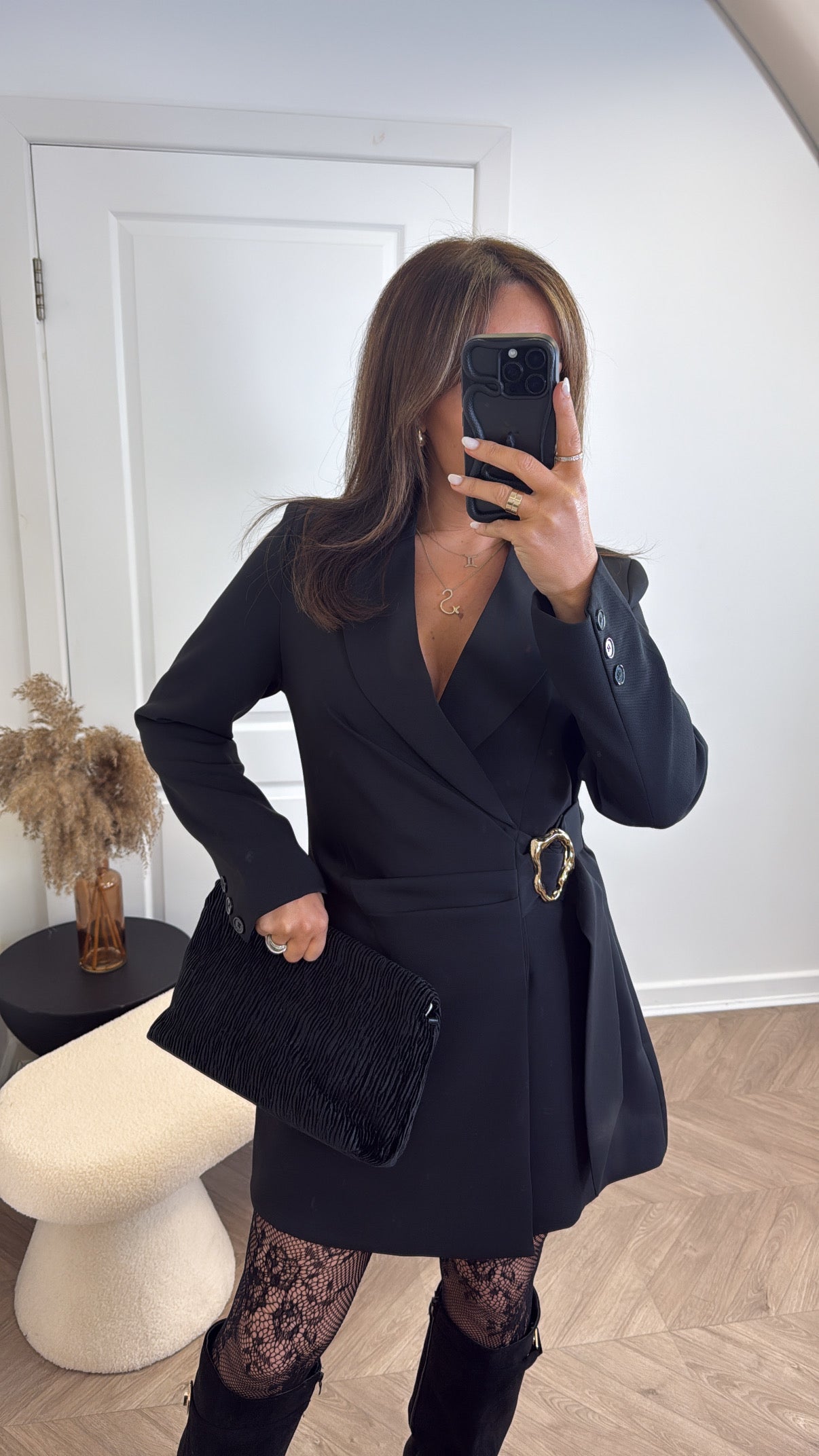 TAMARA black wrap blazer dress with gold buckle