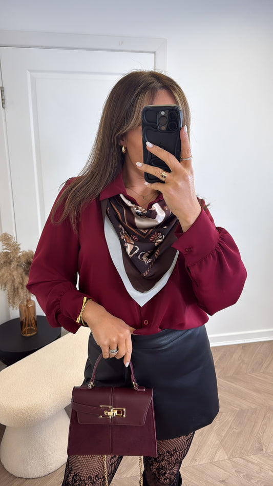 PIA burgundy silky blouse with scarf detail