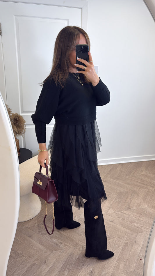HARPER black jumper dress with tulle underlay