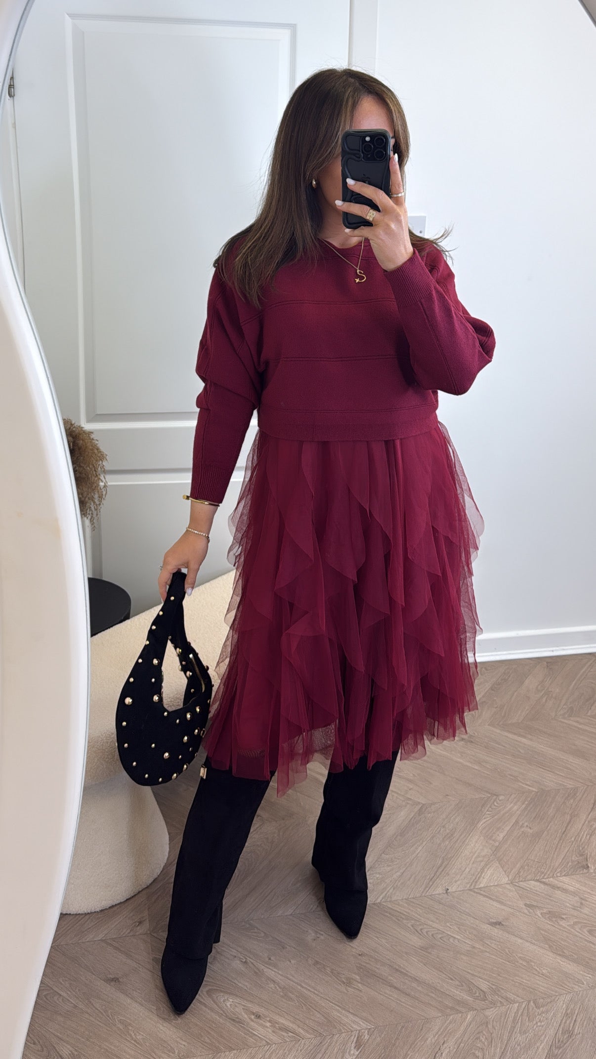 HARPER burgundy jumper dress with tulle underlay