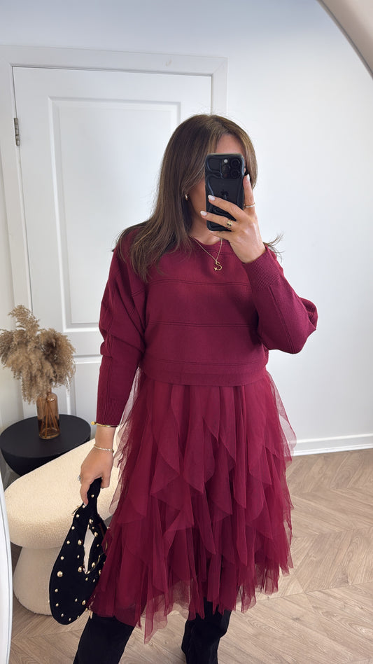 HARPER burgundy jumper dress with tulle underlay