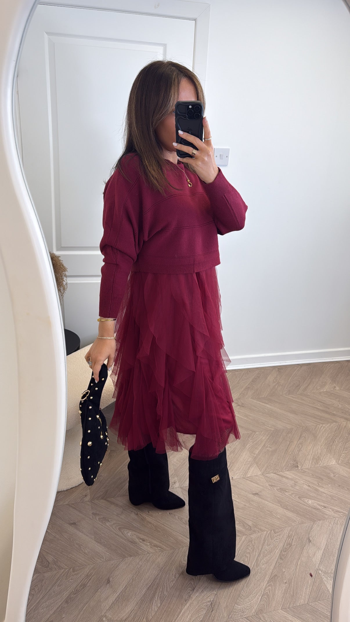 HARPER burgundy jumper dress with tulle underlay