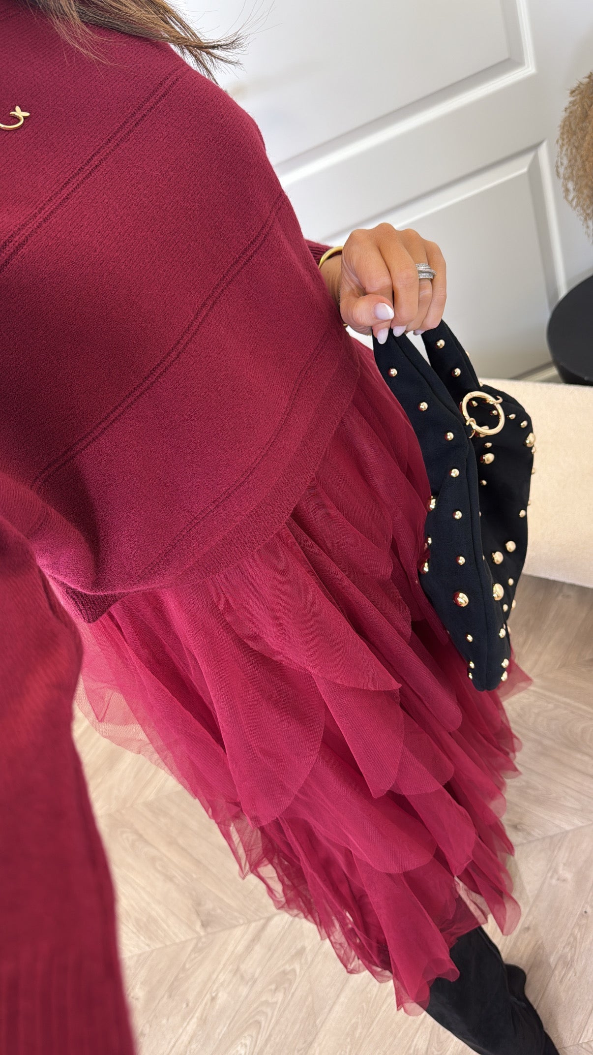 HARPER burgundy jumper dress with tulle underlay