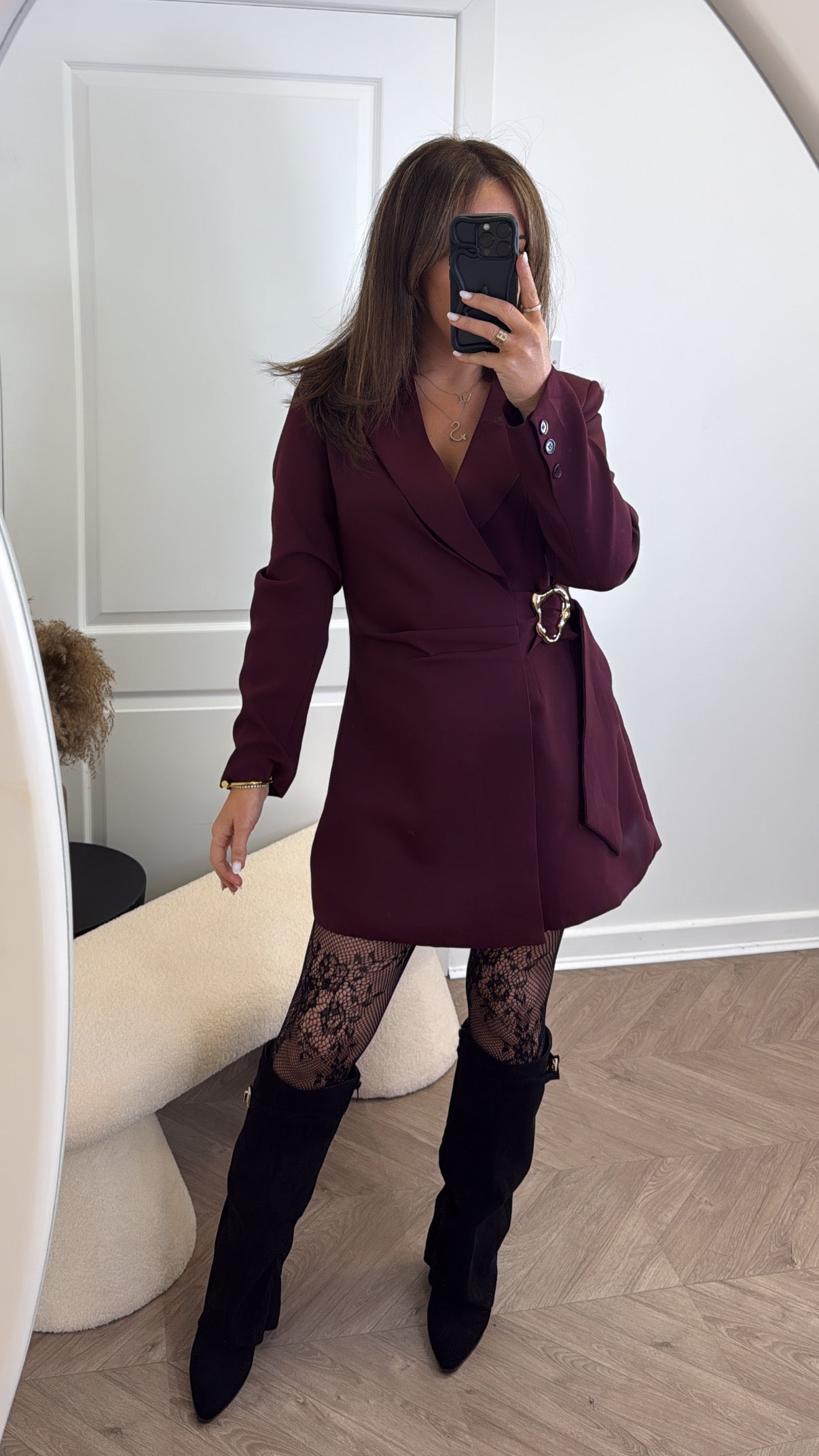 TAMARA burgundy wrap blazer dress with gold buckle
