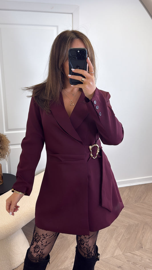 TAMARA burgundy wrap blazer dress with gold buckle