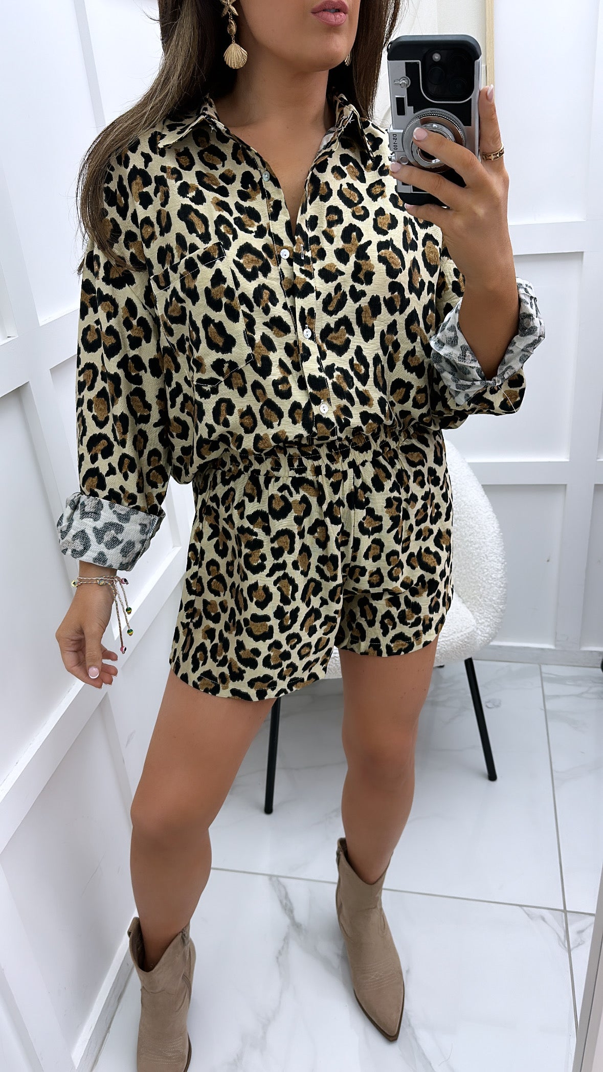 POPPY beige leopard print shirt & shorts co-ord