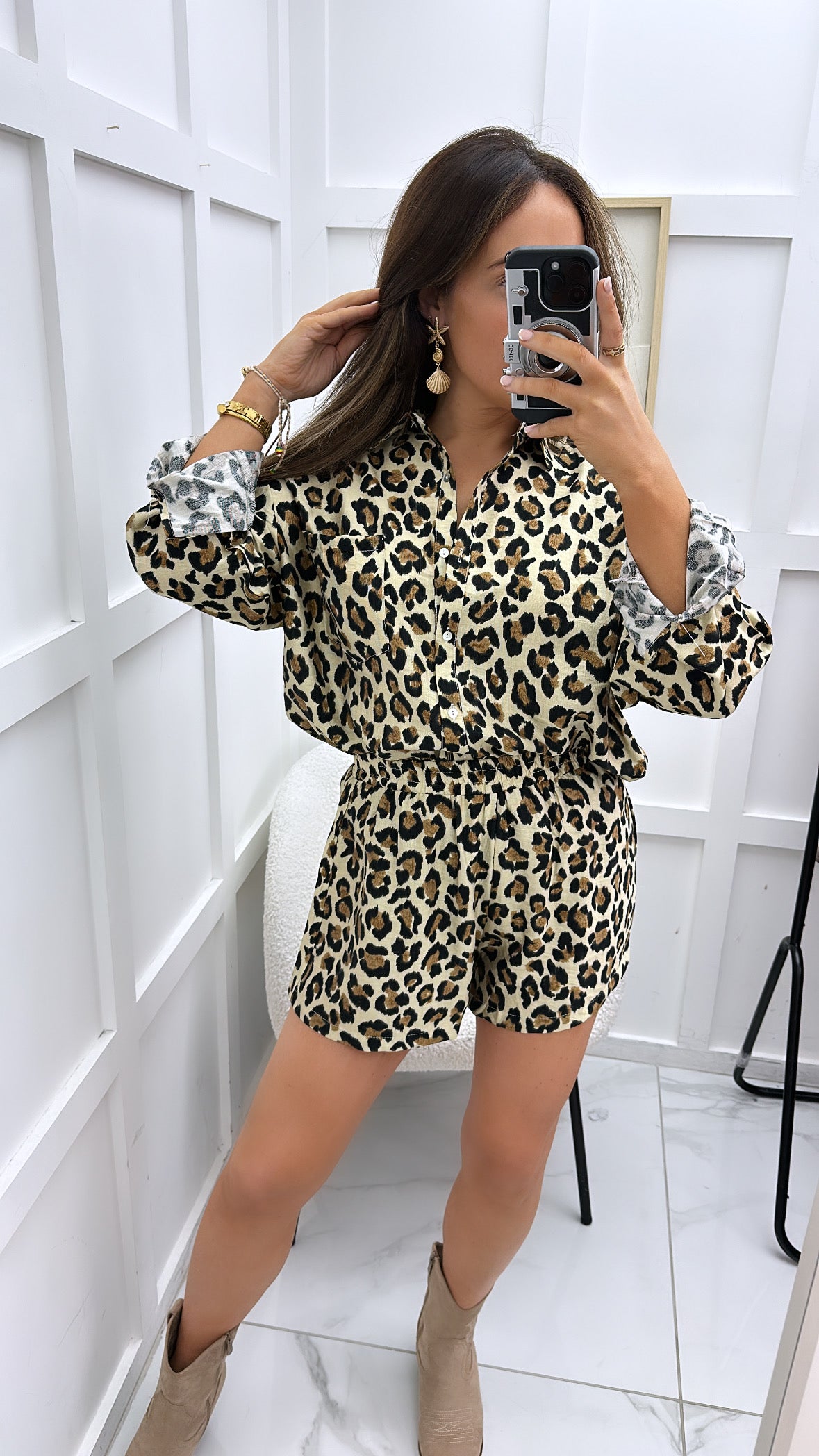 POPPY beige leopard print shirt & shorts co-ord