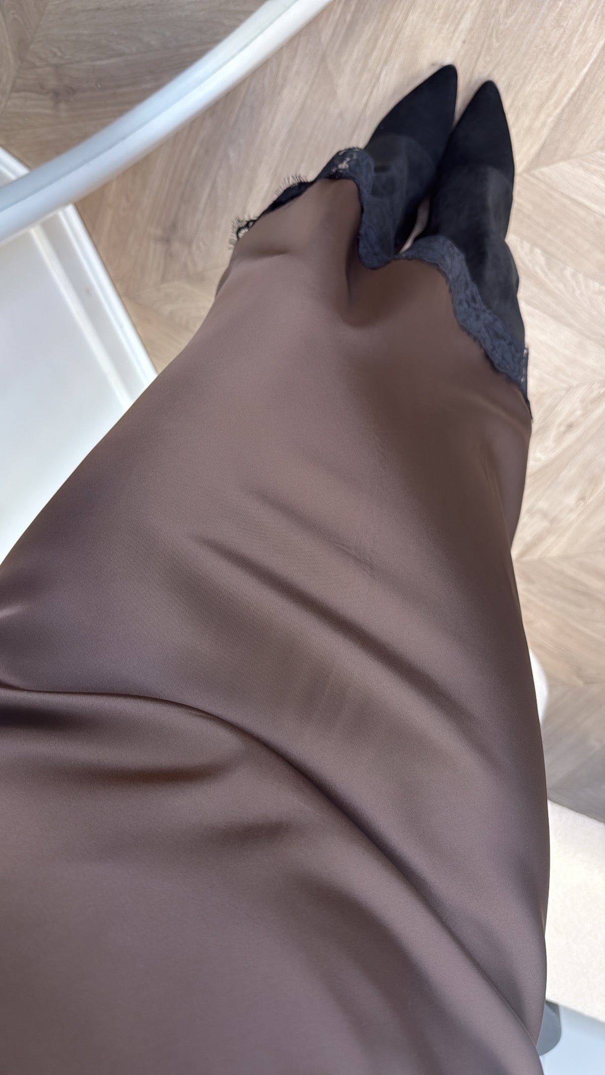 ARIELLA brown silky slip skirt with lace trim