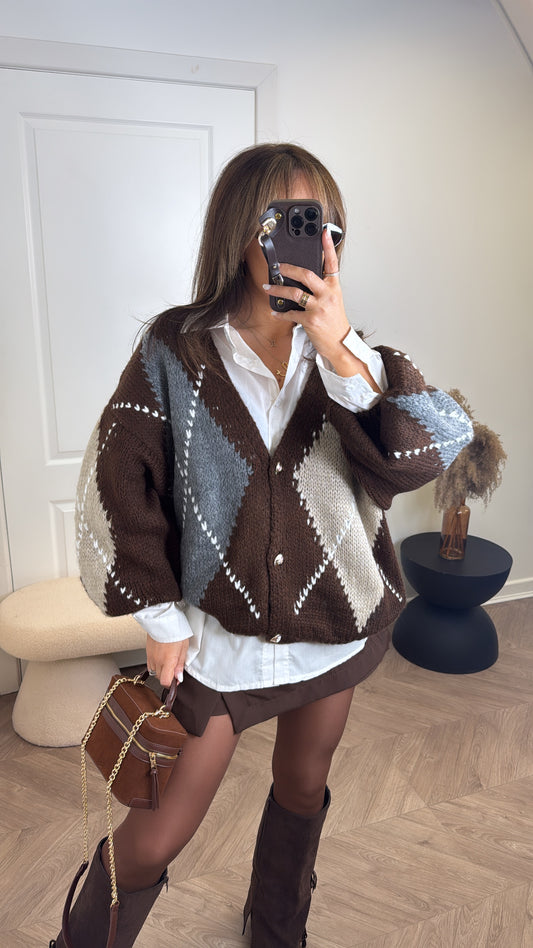 GRACELYN brown diamond check knitted cardigan