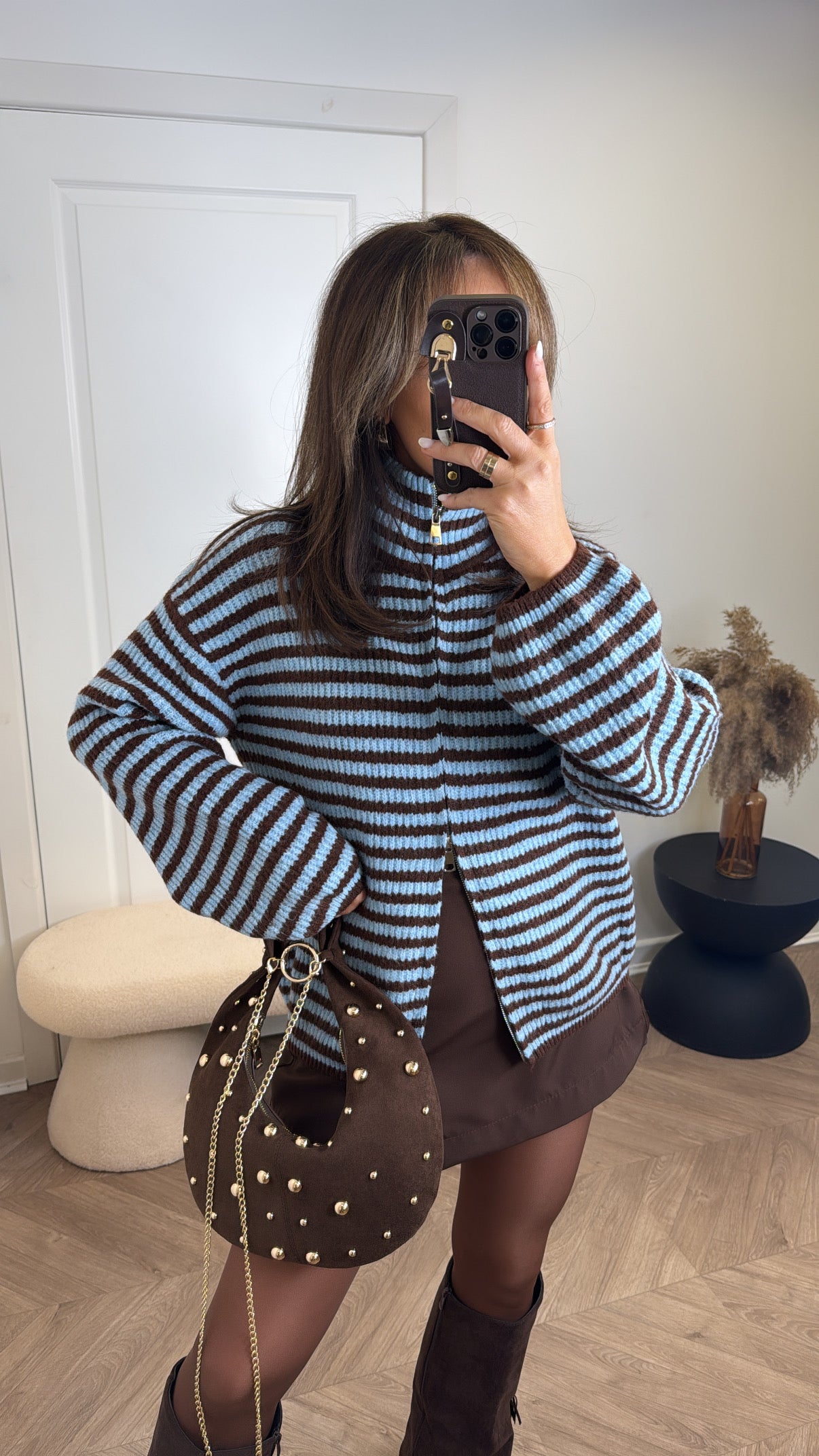 RACHEL brown and blue stripe zip up cardigan