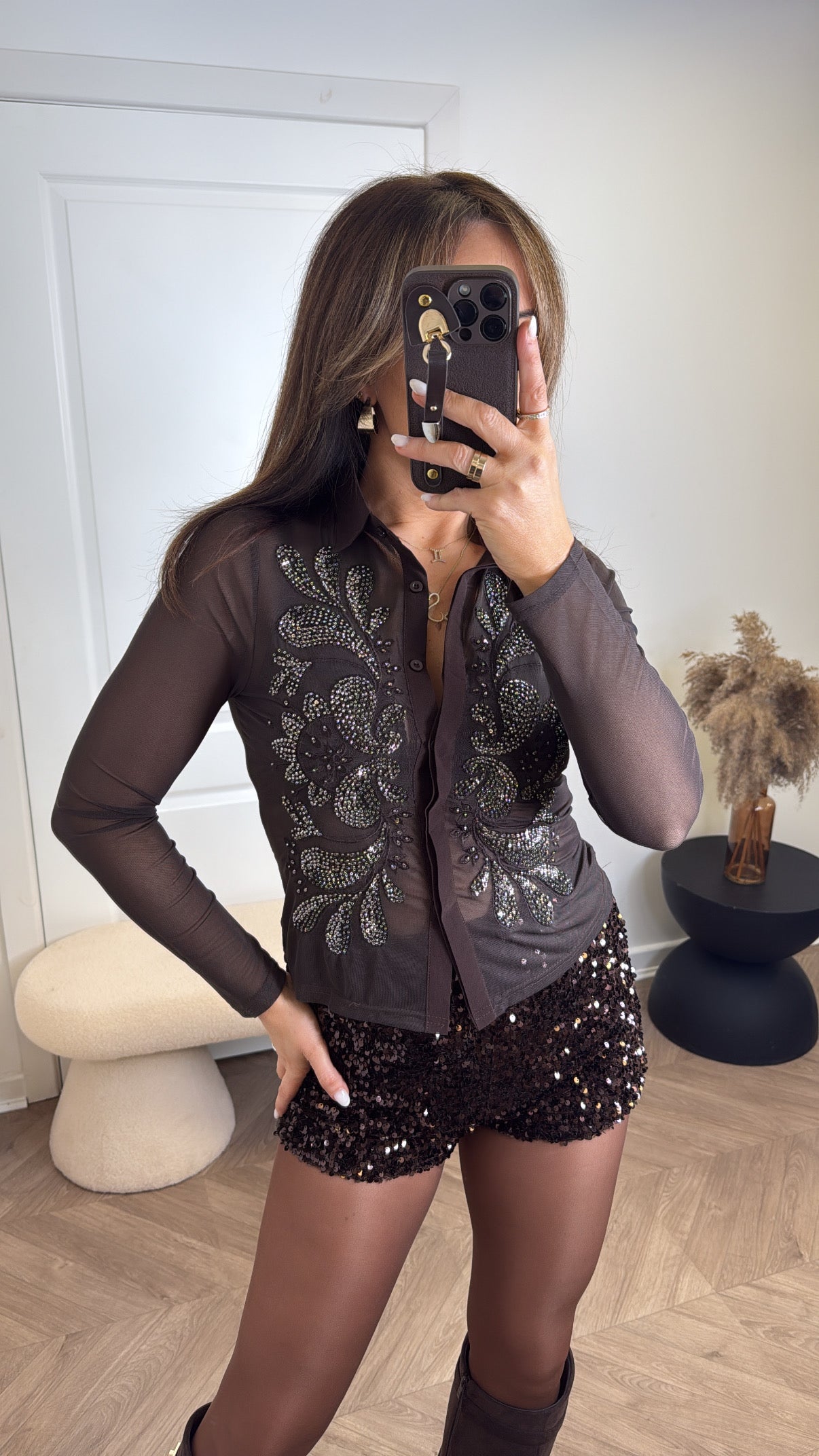 ESME brown sequin detail sheer blouse