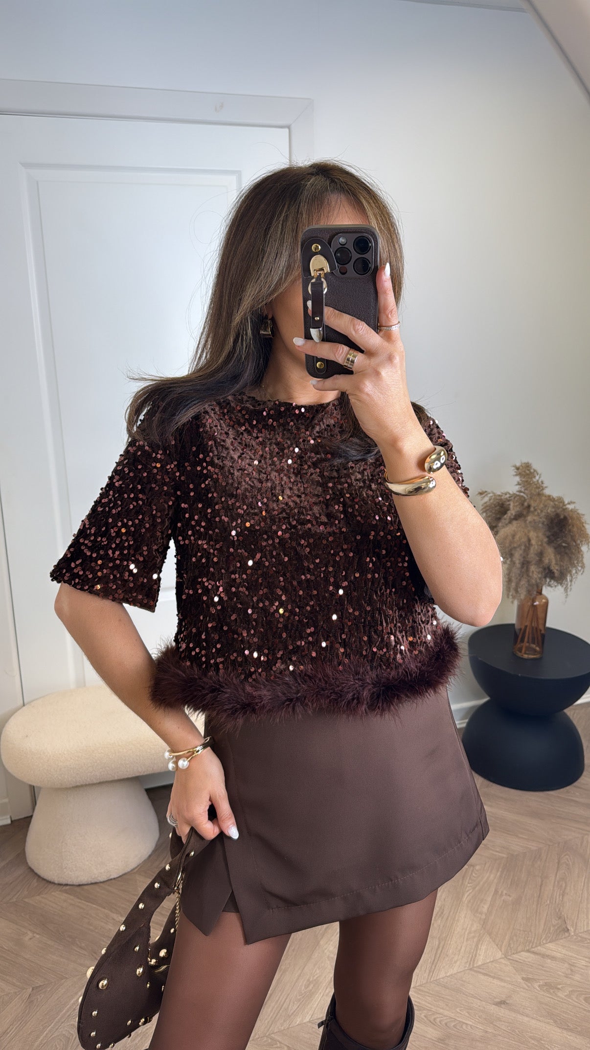 CHRISSY brown sequin top with fluffy hem