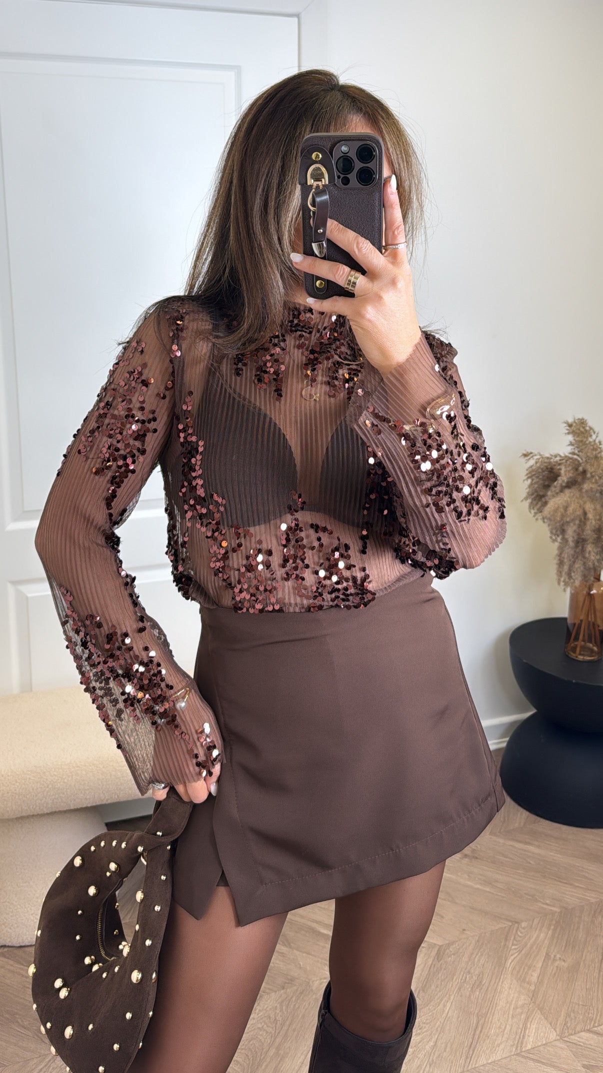 FIONA brown mesh and sequin long sleeve top