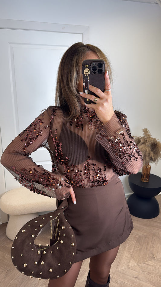 FIONA brown mesh and sequin long sleeve top