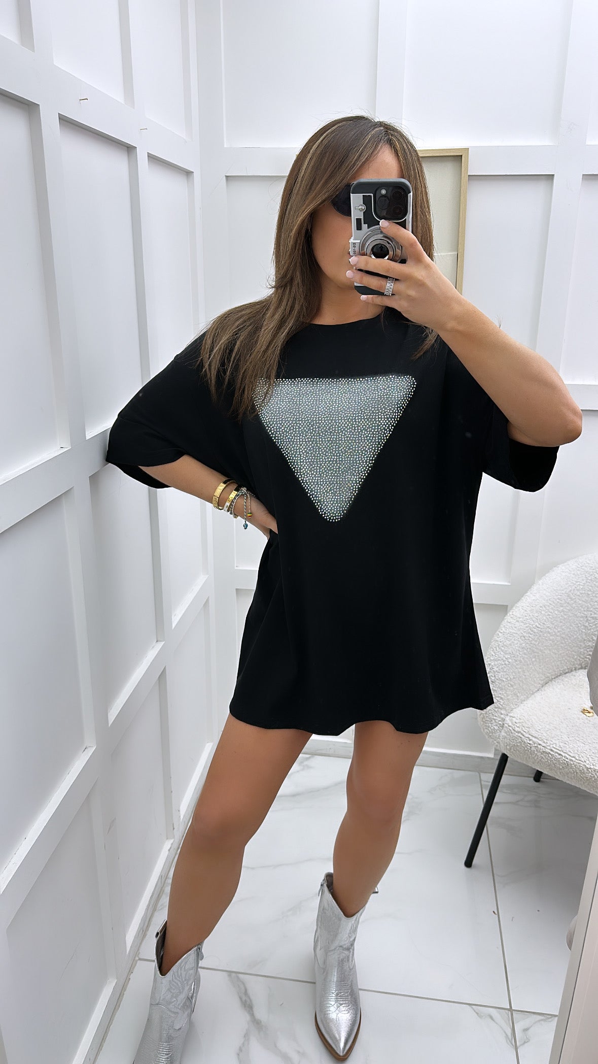 GABBY black oversized t-shirt with silver stud detail