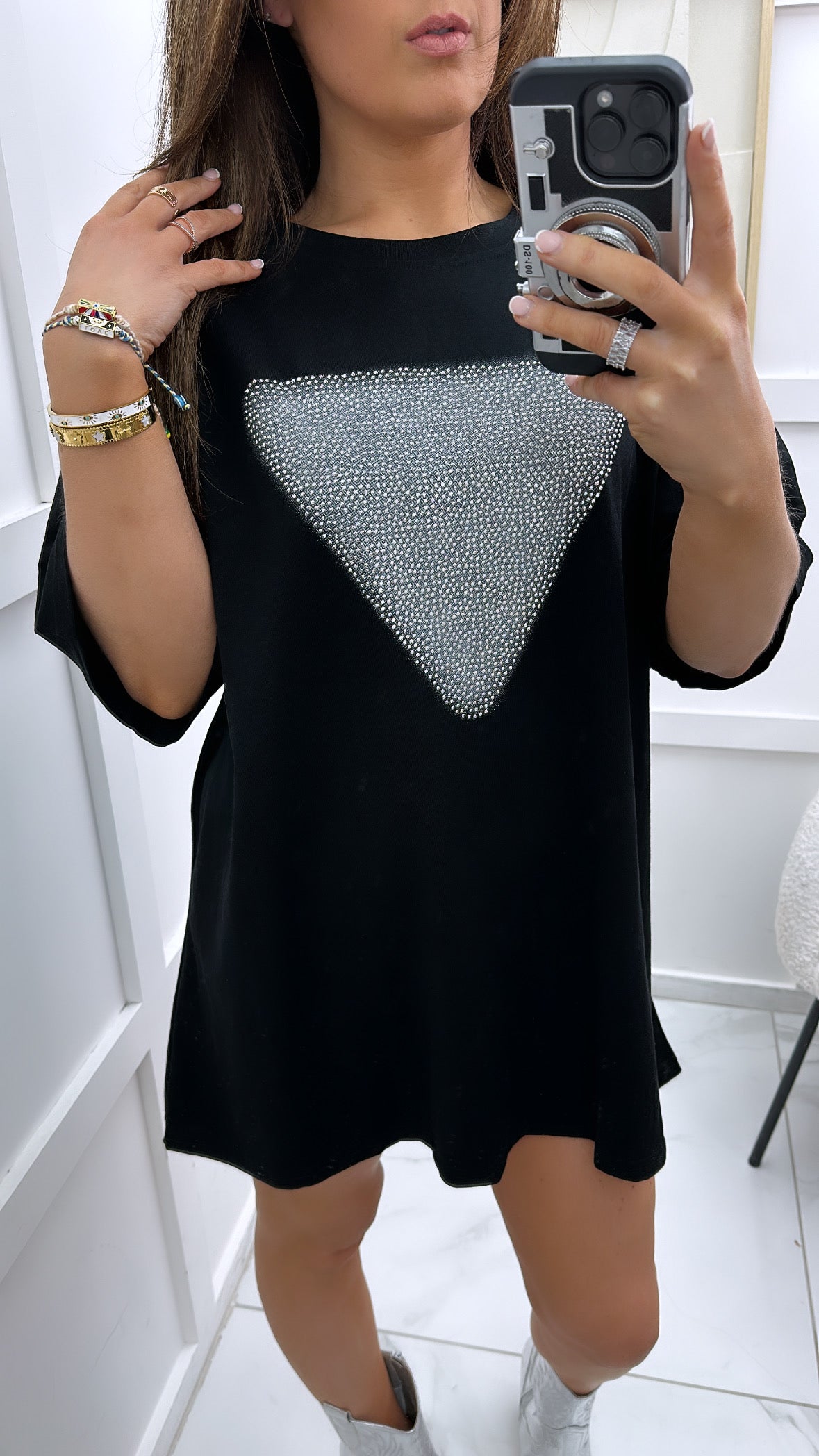 GABBY black oversized t-shirt with silver stud detail