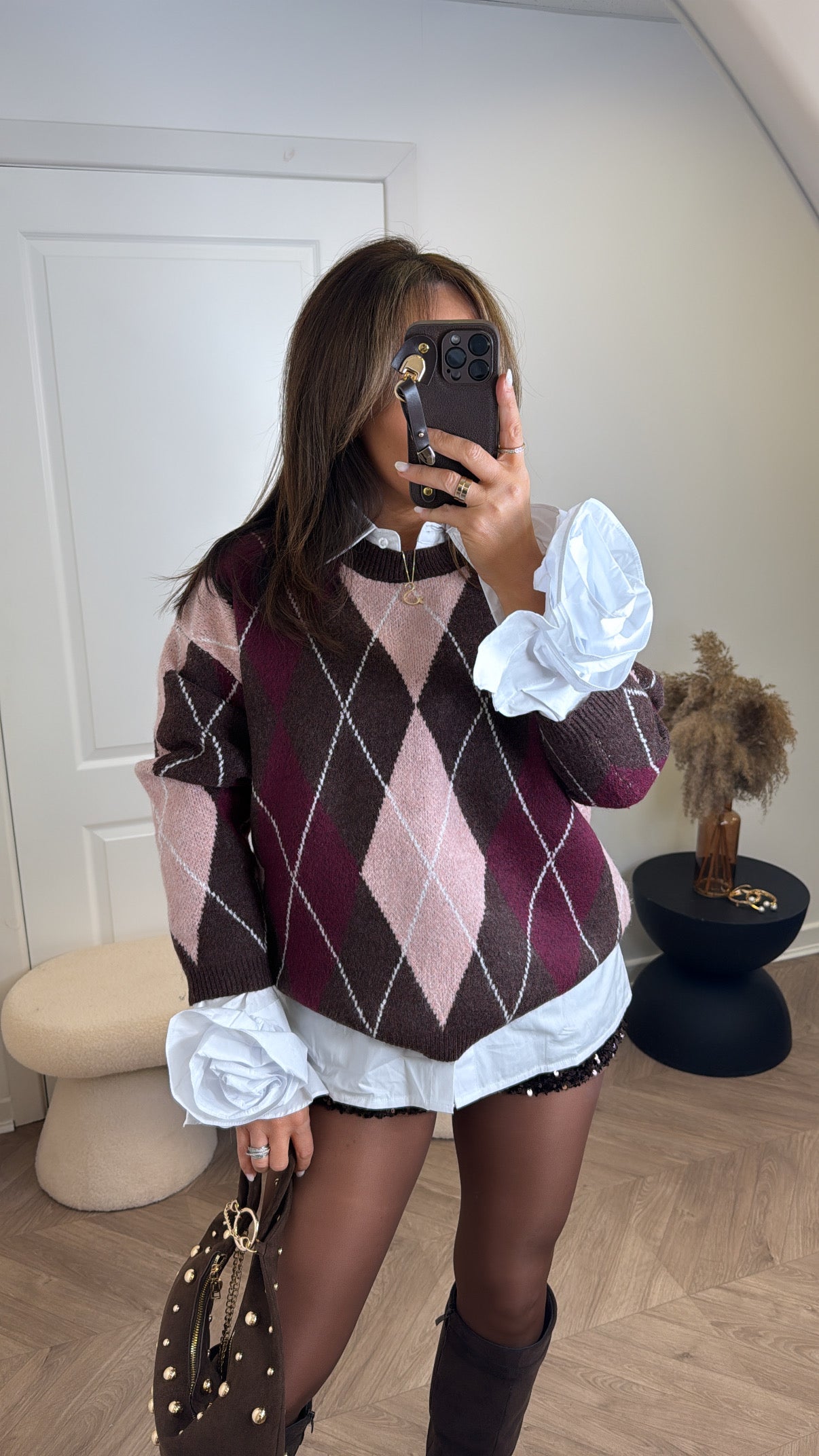 REECE brown and pink argyle check jumper