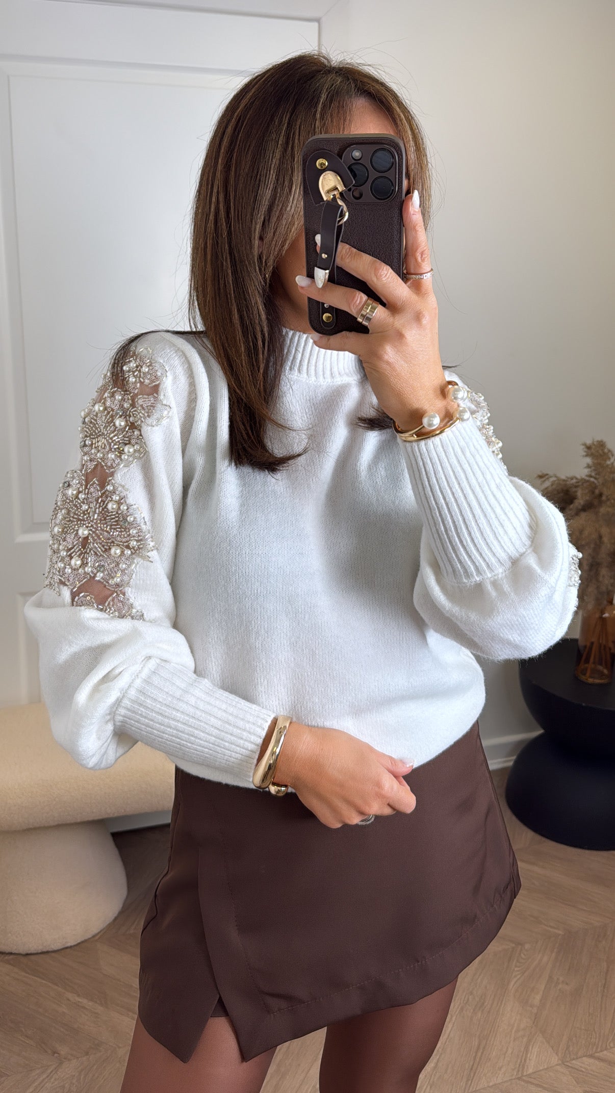 TABITHA white soft jumper with sequin and pearl embellishment