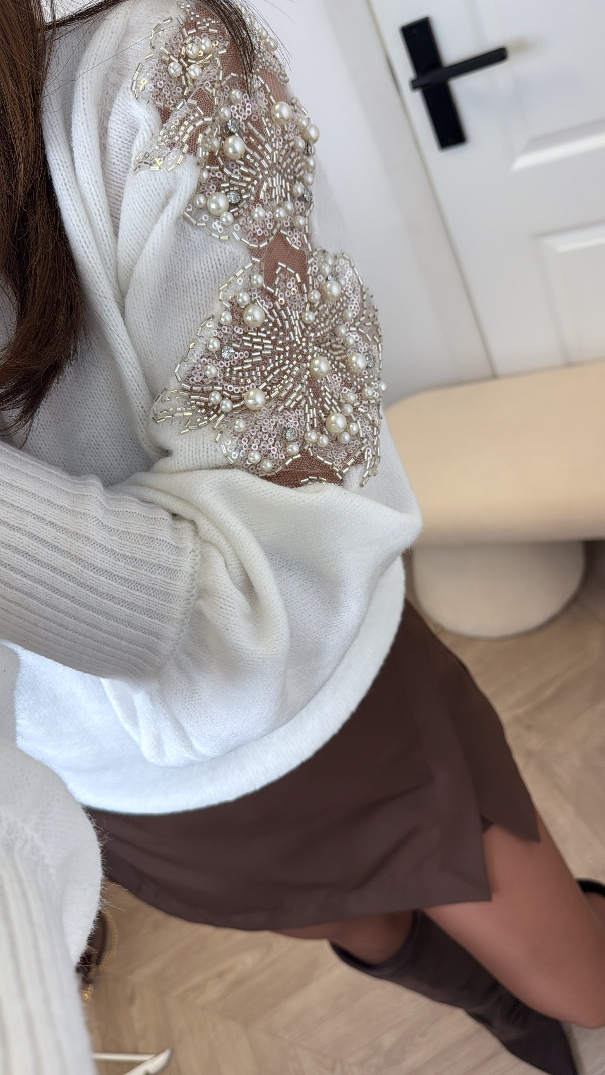 TABITHA white soft jumper with sequin and pearl embellishment