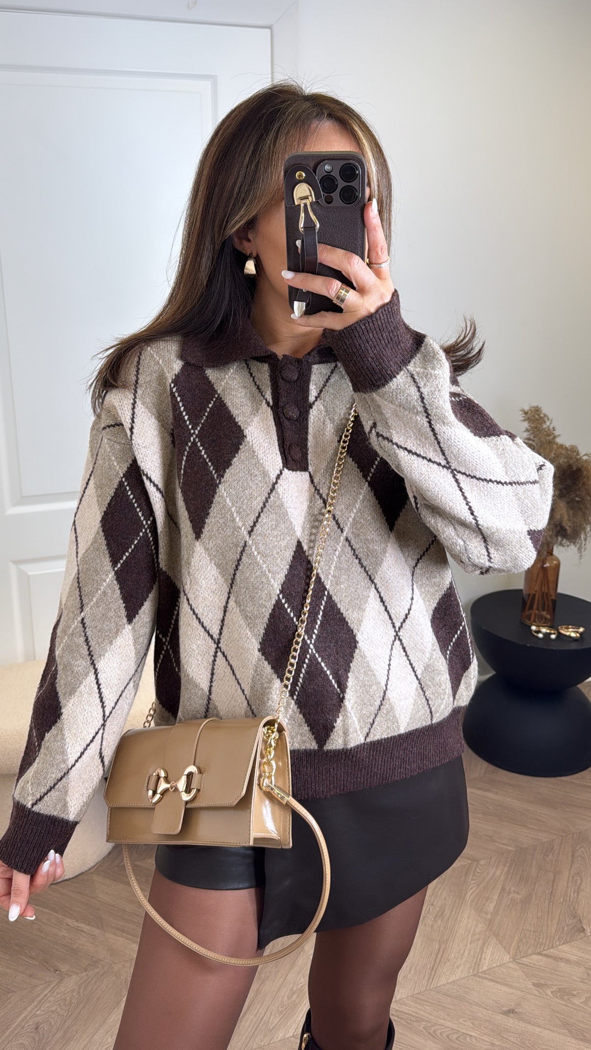 SHELLEY beige argyle check half button jumper