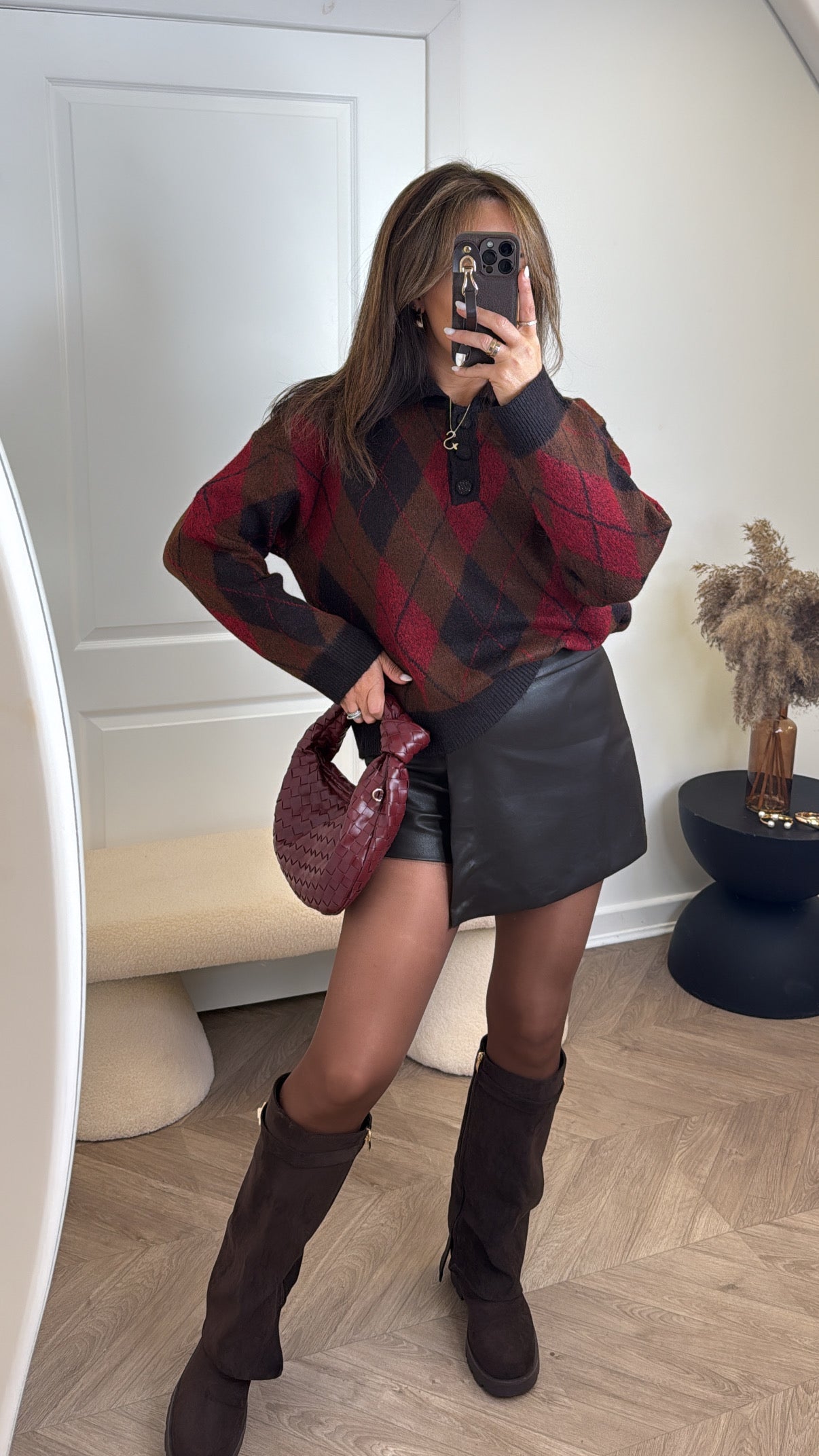 SHELLEY red argyle check half button jumper