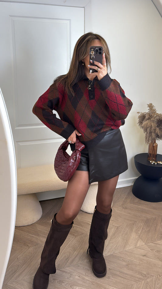 SHELLEY red argyle check half button jumper