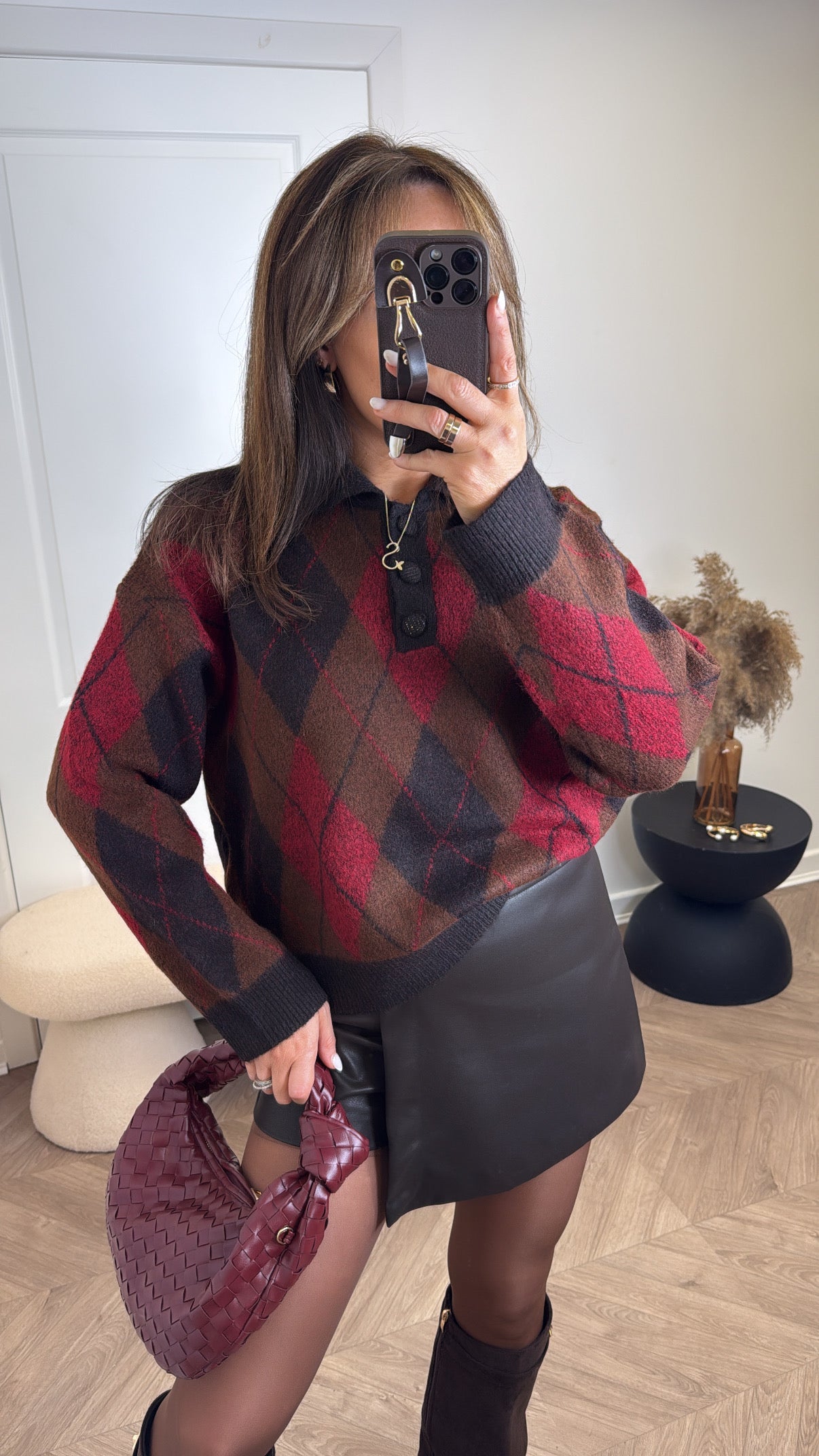 SHELLEY red argyle check half button jumper