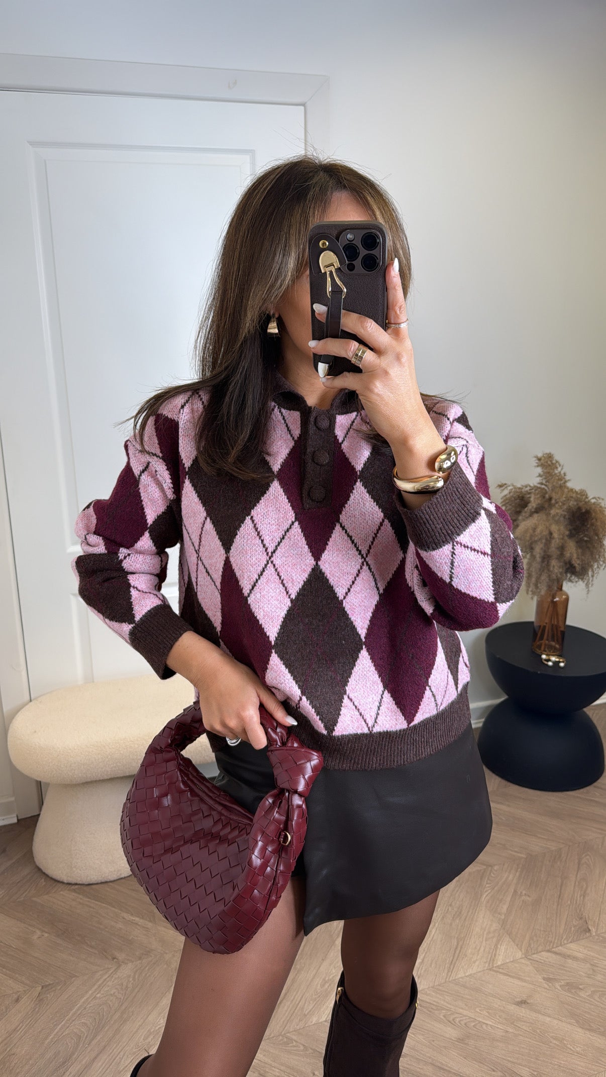SHELLEY pink argyle check half button jumper