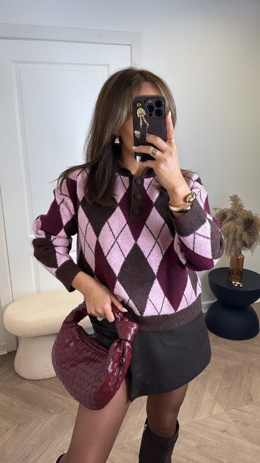 SHELLEY pink argyle check half button jumper