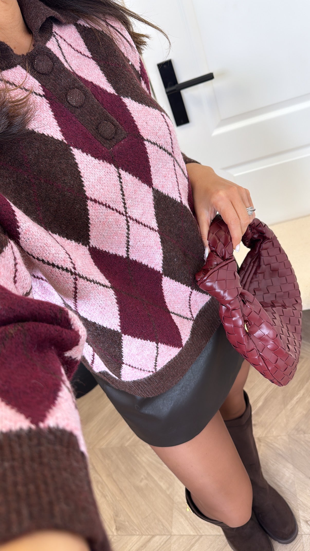 SHELLEY pink argyle check half button jumper