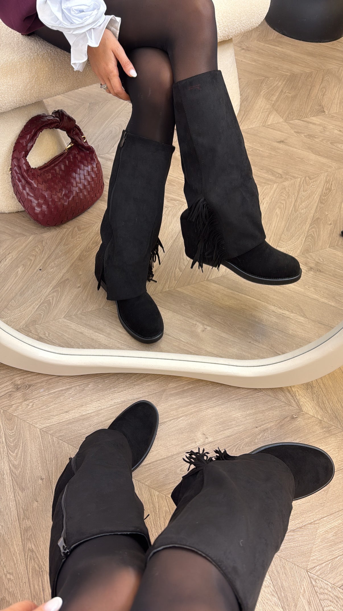 AMAYA black faux suede tassel boots