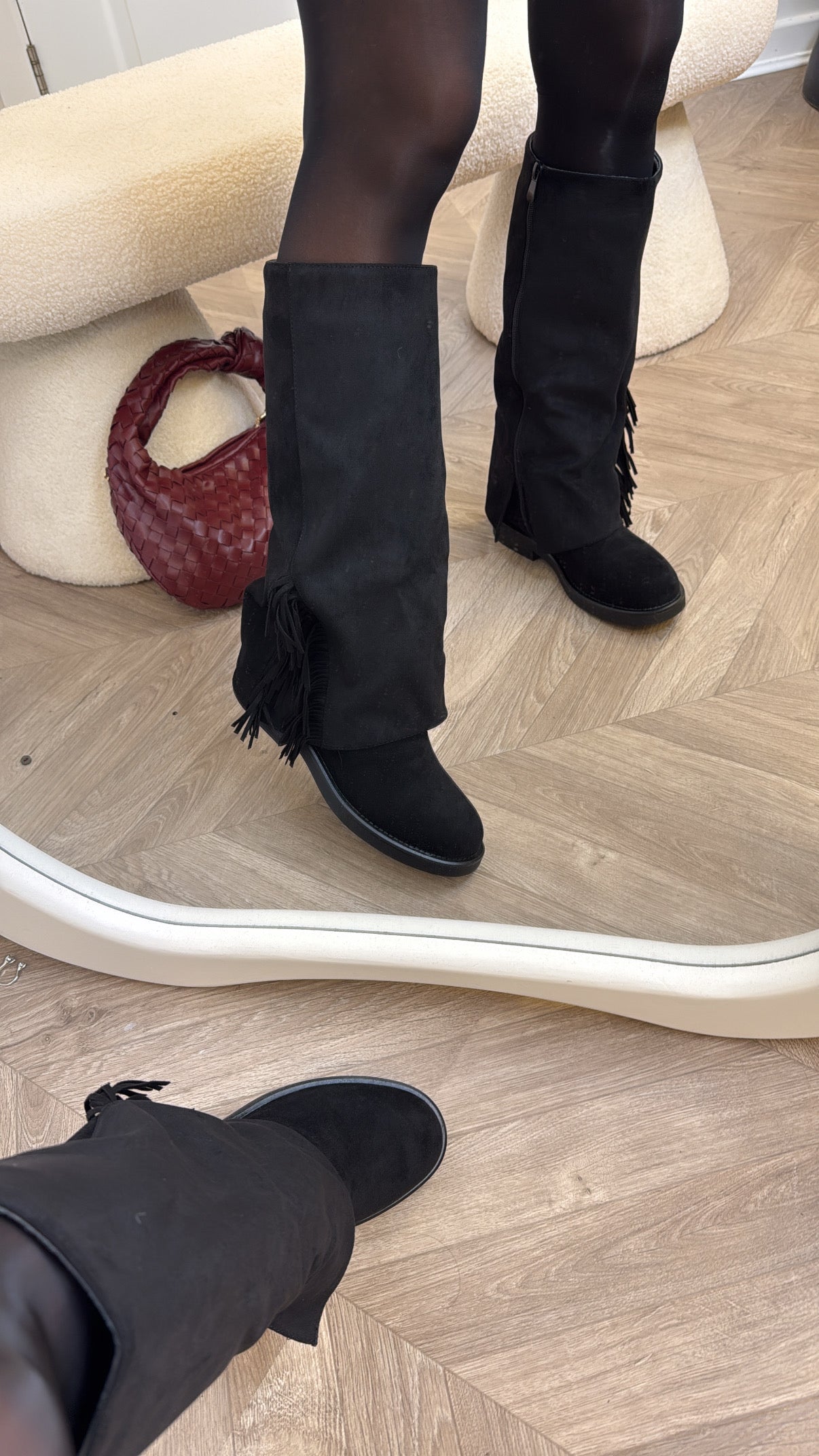 AMAYA black faux suede tassel boots