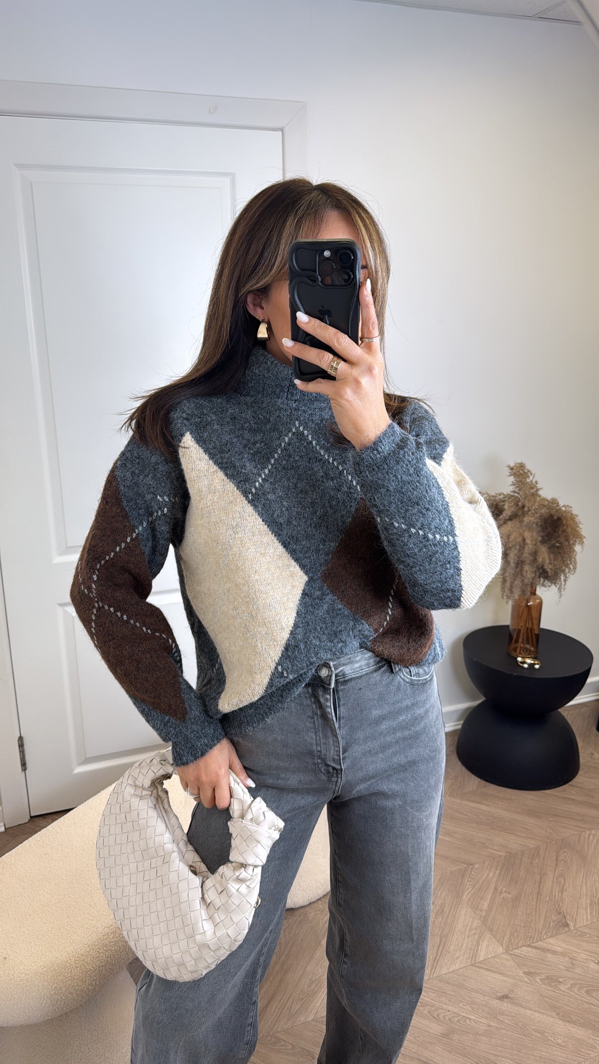 VOGUE grey argyle check roll neck jumper