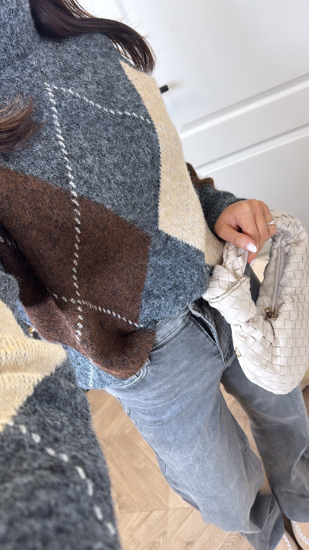 VOGUE grey argyle check roll neck jumper